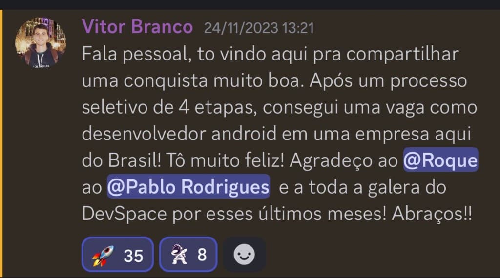 Depoimento de Vitor Branco — vaga como desenvolvedor Android